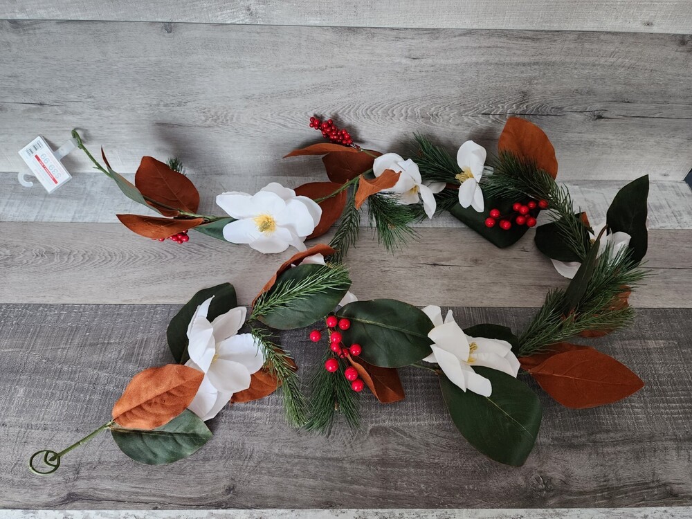 Ashland Magnolia & Red Berry Foliage Garland 6 Ft Deluxe Christmas Decor - NEW